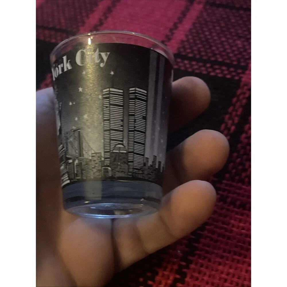Vintage Souvenir Shot Glass New York City Highlights Twin Towers World Trade NYC